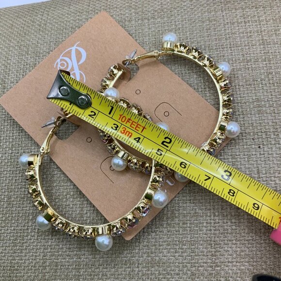 Plunder Design Faux Pearl Rhinestone Gold Tone Hoop Earrings - Picture 4 of 4